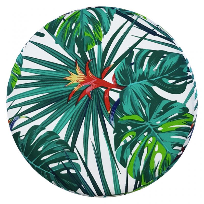 Drevená taburetka, okrúhly puf DEKORIKO, palmové listy, RASTLINNÝ vzor